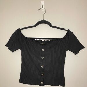 Eye Candy Ribbed Off-Shoulder Button-Up Crop Top, Black, Size M, EUC